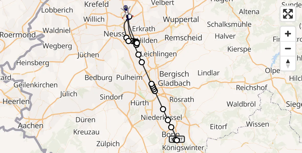 Flugroute Polizeihubschrauber Bonn - Düsseldorf Flughafen, 26 Juni 2026, 08:05