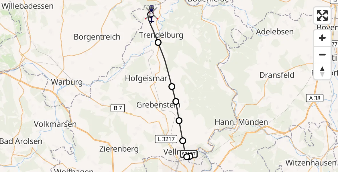 Flugroute Polizeihubschrauber Fuldatal Bundespolizei Hubschrauberlandeplatz - Hölleberg Flugplatz, 26 Juni 2026, 08:10