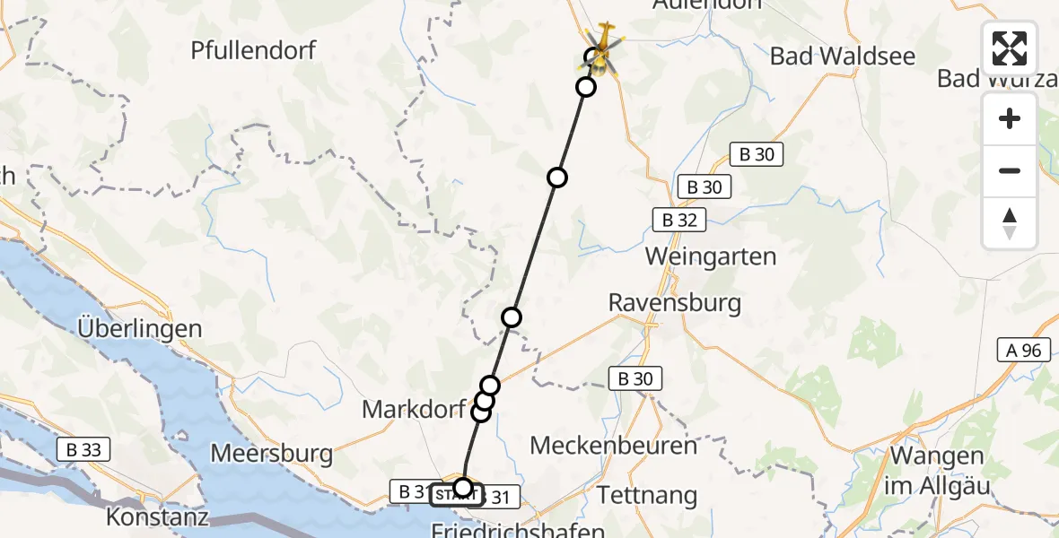 Flugroute Rettungshubschrauber Friedrichshafen Hospital - Altshausen, 26 Juni 2026, 08:11