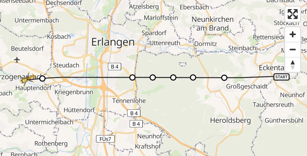 Flugroute Rettungshubschrauber Eckental - Herzogenaurach, 26 Juni 2026, 08:18