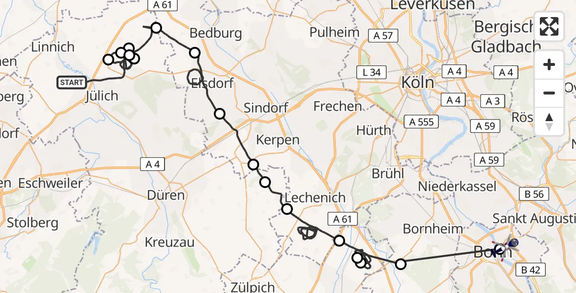 Flugroute Polizeihubschrauber Jülich - Bonn, 26 Juni 2026, 08:19