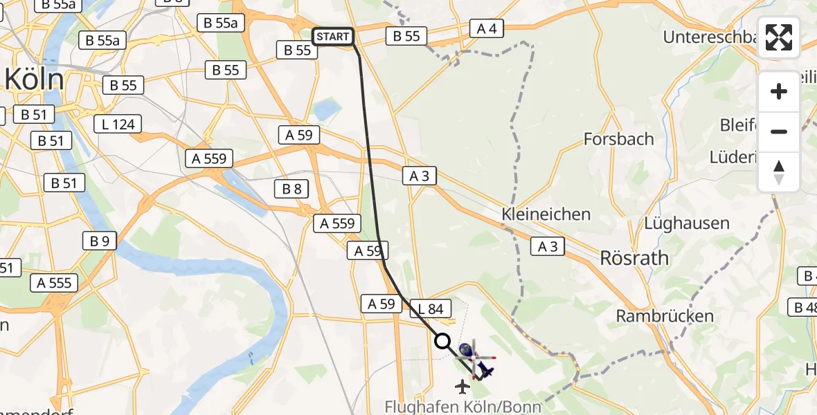 Flugroute Polizeihubschrauber Köln - Köln Bonn Flughafen, 26 Juni 2026, 08:21