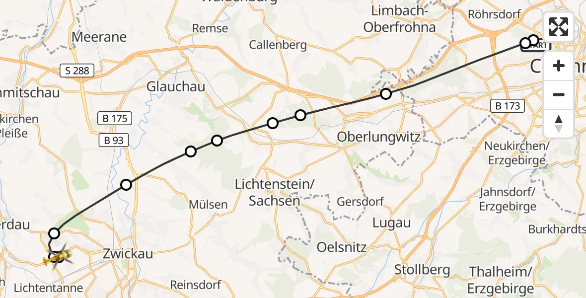 Flugroute Rettungshubschrauber Flemmingstraße Hospital Rooftop - Werdau, 26 Juni 2026, 08:23