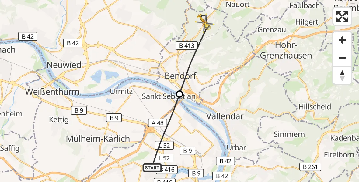 Flugroute Rettungshubschrauber Koblenz - Bendorf, 26 Juni 2026, 08:29
