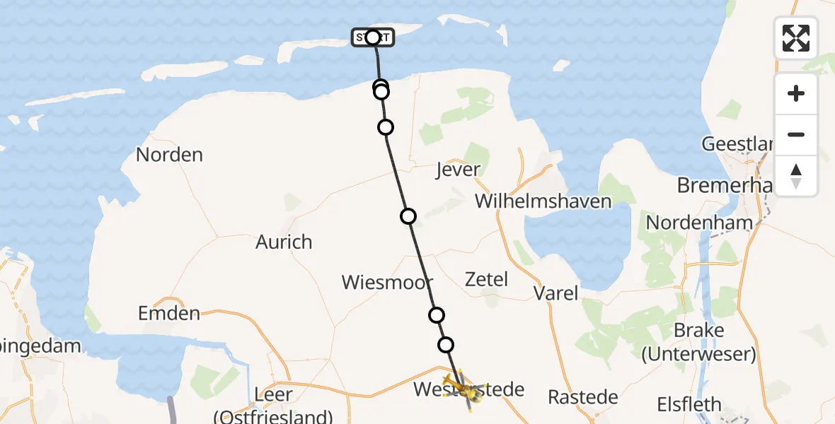 Flugroute Ambulanzhubschrauber Spiekeroog Notfall-Hubschrauberlandeplatz - Westerstede, 26 Juni 2026, 08:37