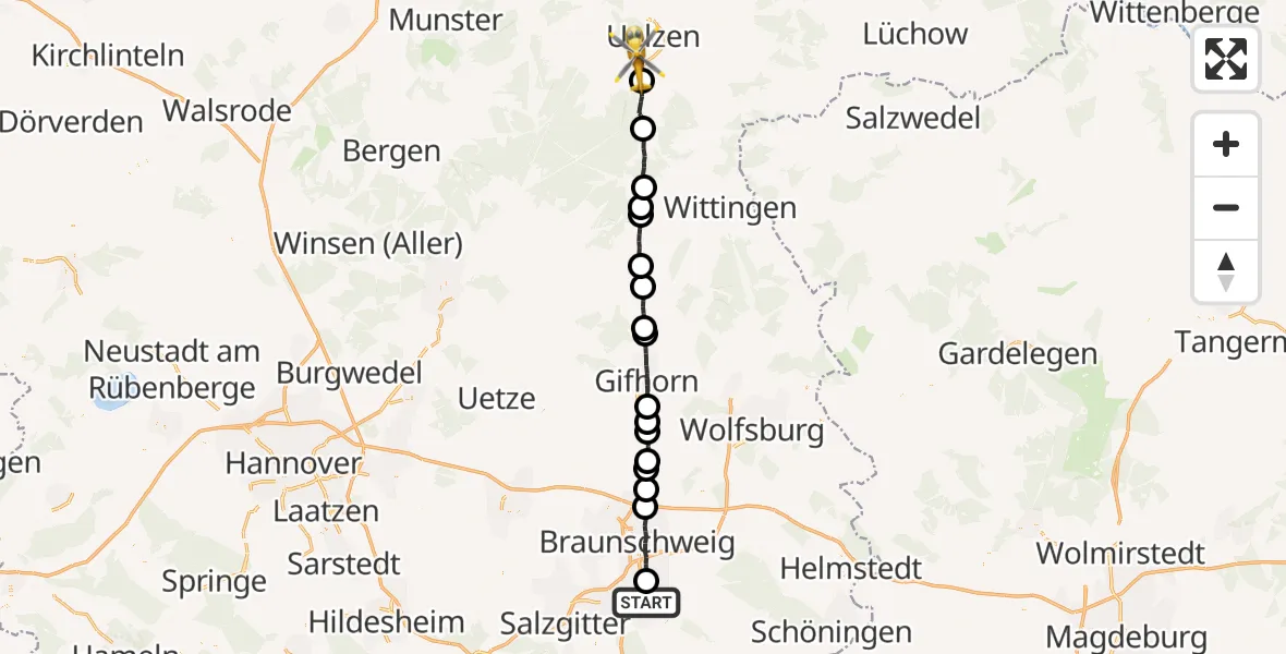 Flugroute Rettungshubschrauber Wolfenbüttel - Uelzen, 26 Juni 2026, 08:44