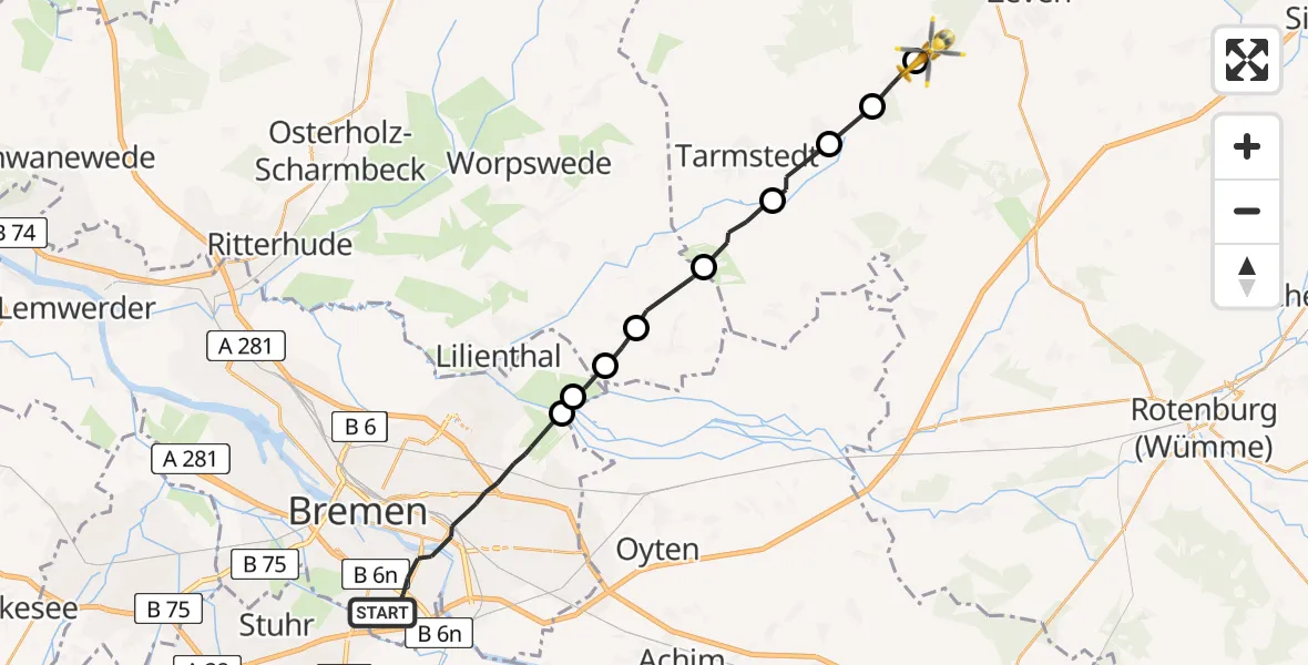 Flugroute Rettungshubschrauber Bremen - Zeven, 26 Juni 2026, 08:54