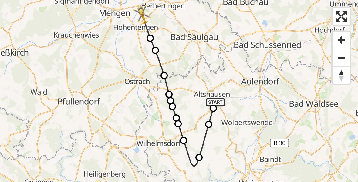 Flugroute Rettungshubschrauber Altshausen - Hohentengen, 26 Juni 2026, 08:54