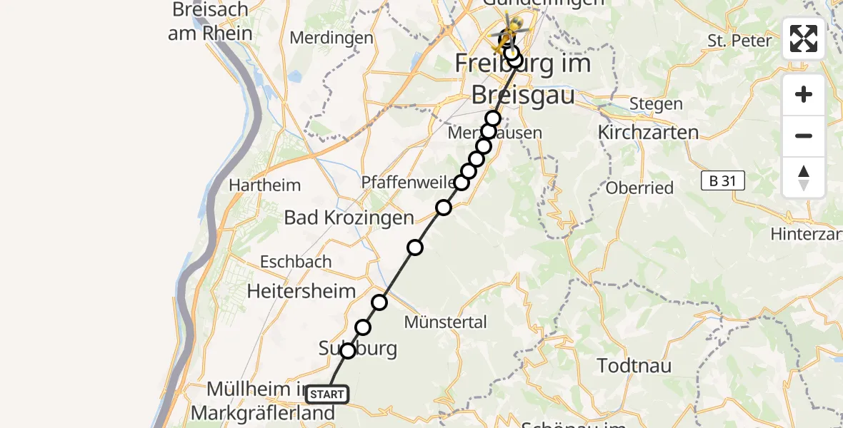 Flugroute Ambulanzhubschrauber Müllheim im Markgräflerland - Freiburg im Breisgau Flugplatz, 26 Juni 2026, 08:59