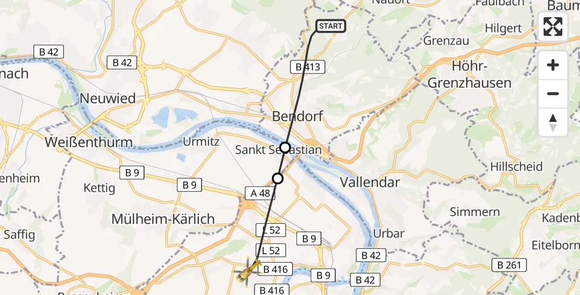 Flugroute Rettungshubschrauber Bendorf - Koblenz, 26 Juni 2026, 09:04