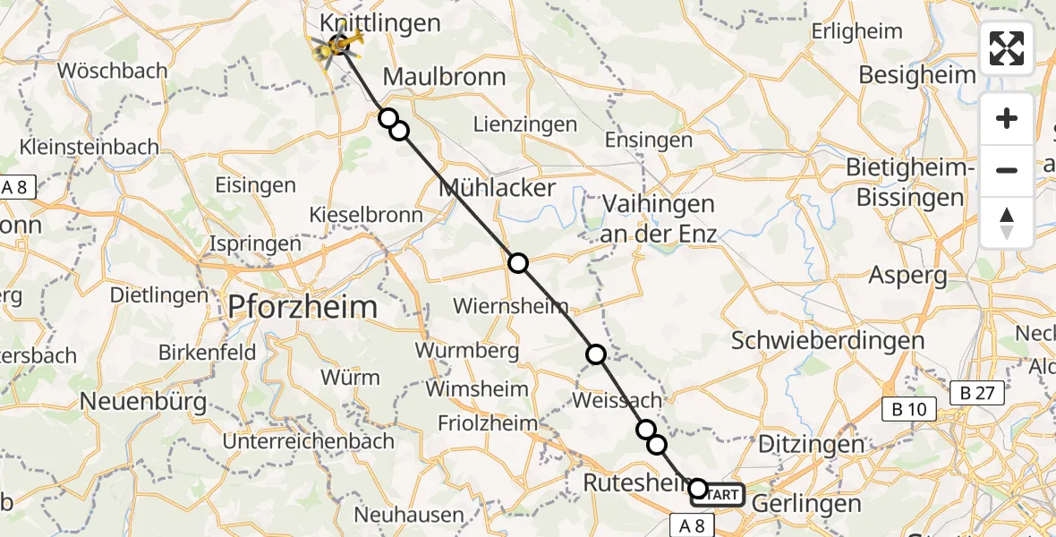 Flugroute Rettungshubschrauber Leonberg Hospital - Bretten, 26 Juni 2026, 09:05