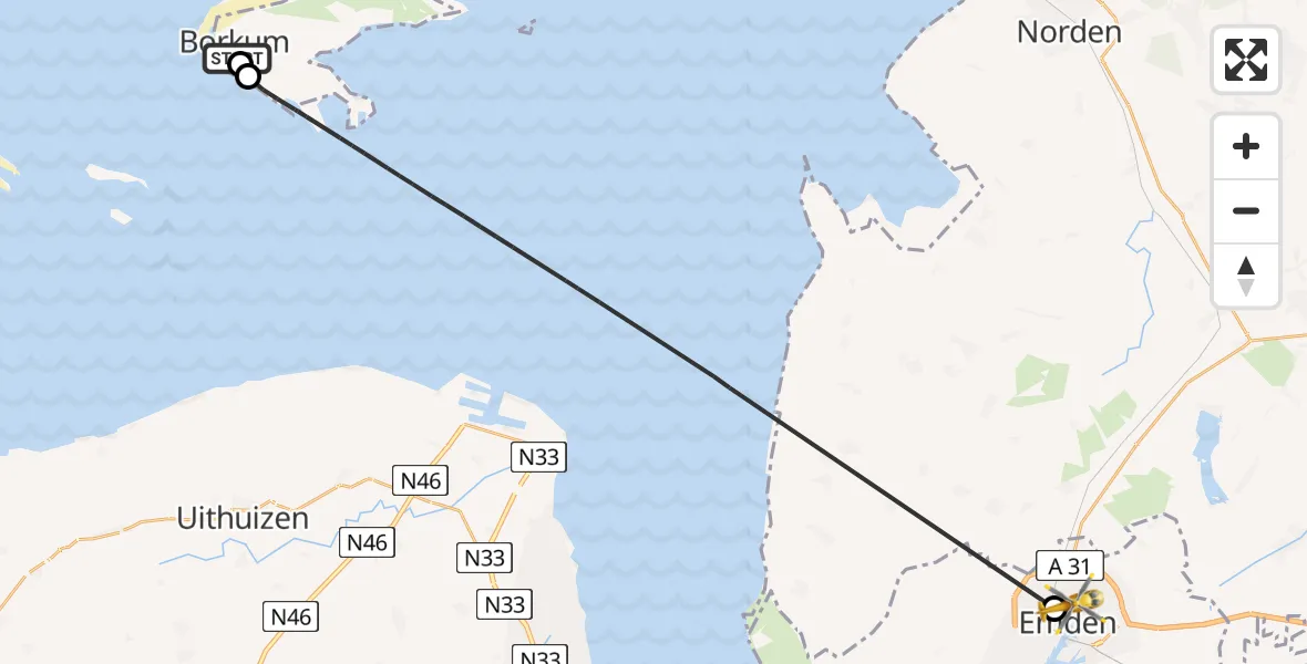 Flugroute Rettungshubschrauber Borkum Island Hospital - Emden, 26 Juni 2026, 09:06