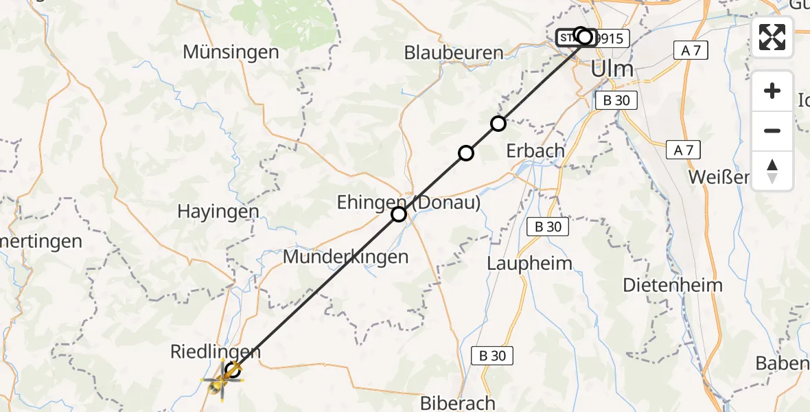 Flugroute Rettungshubschrauber Ulm Military Hospital Emergency - Riedlingen, 26 Juni 2026, 09:06