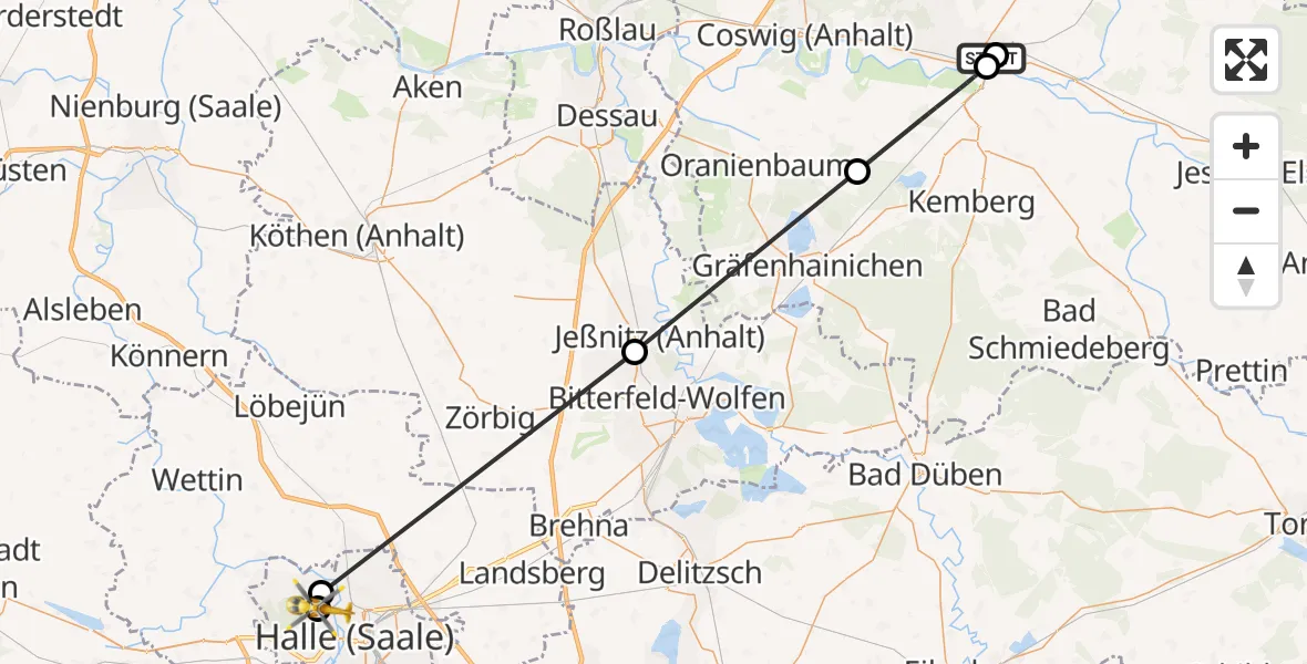 Flugroute Rettungshubschrauber Paul-Gerhardt-Stift Evangelical Hospital - Halle (Saale) University Hospital, 26 Juni 2026, 09:09