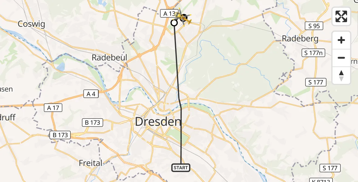 Flugroute Rettungshubschrauber Dresden - Dresden Flughafen, 26 Juni 2026, 09:27