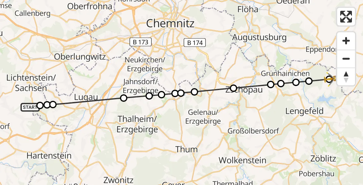Flugroute Rettungshubschrauber Lichtenstein/Sa. - Pockau-Lengefeld, 26 Juni 2026, 09:27
