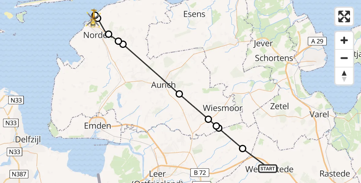 Flugroute Ambulanzhubschrauber Westerstede - Norden-Norddeich Flughafen, 26 Juni 2026, 09:28