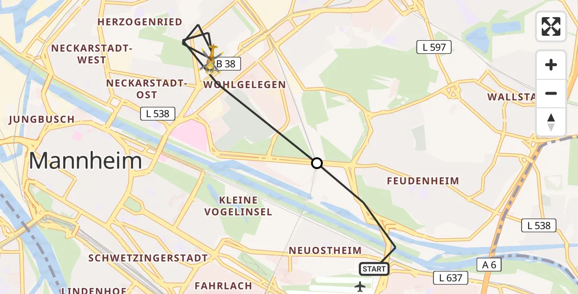 Flugroute Rettungshubschrauber Mannheim-City Flughafen - Mannheim, 26 Juni 2026, 09:32