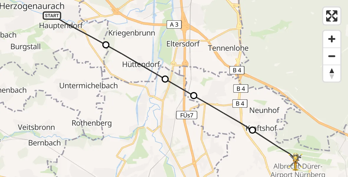 Flugroute Rettungshubschrauber Herzogenaurach - Flughafen Nuremberg, 26 Juni 2026, 09:33