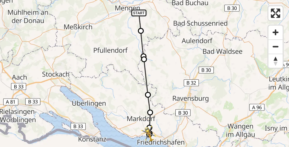 Flugroute Rettungshubschrauber Hohentengen - Friedrichshafen Hospital, 26 Juni 2026, 09:35