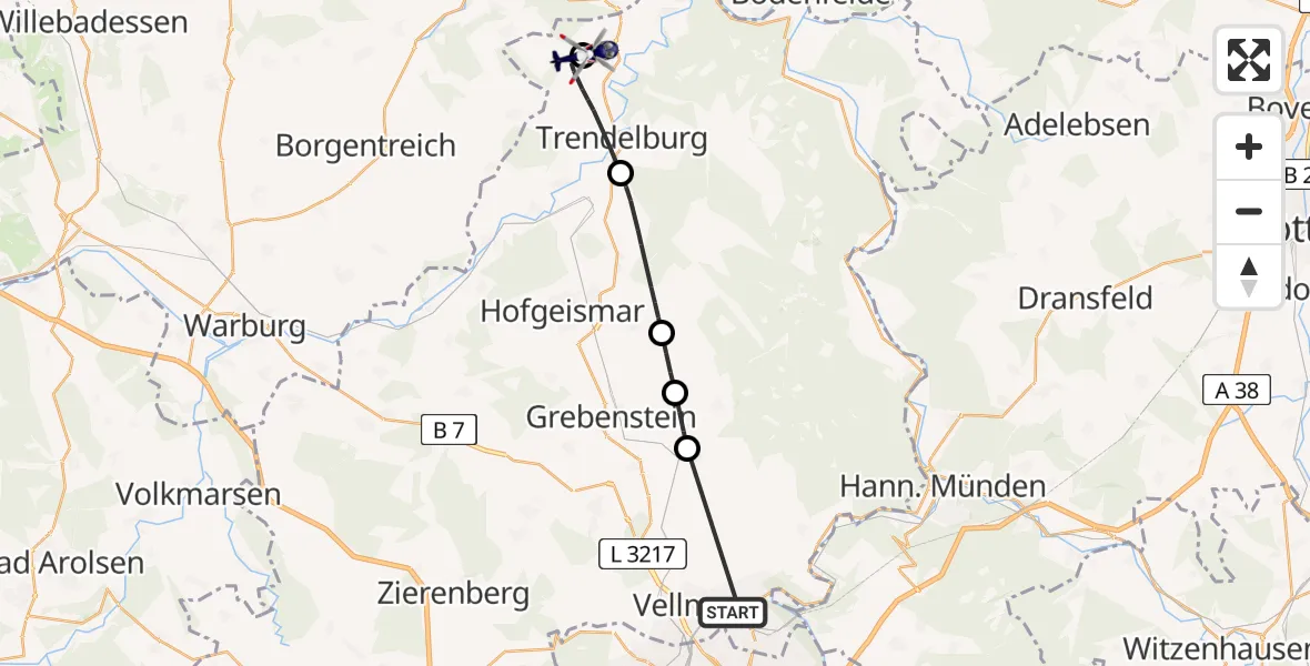 Flugroute Polizeihubschrauber Fuldatal Bundespolizei Hubschrauberlandeplatz - Hölleberg Flugplatz, 26 Juni 2026, 09:38