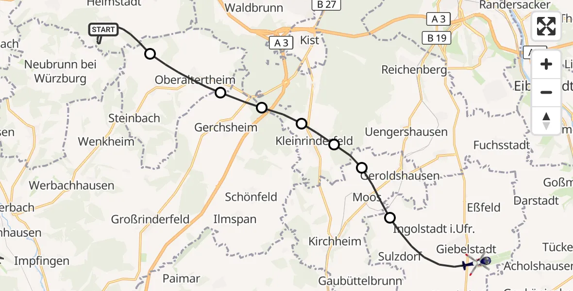 Flugroute Polizeihubschrauber Helmstadt - Giebelstadt, 26 Juni 2026, 09:38