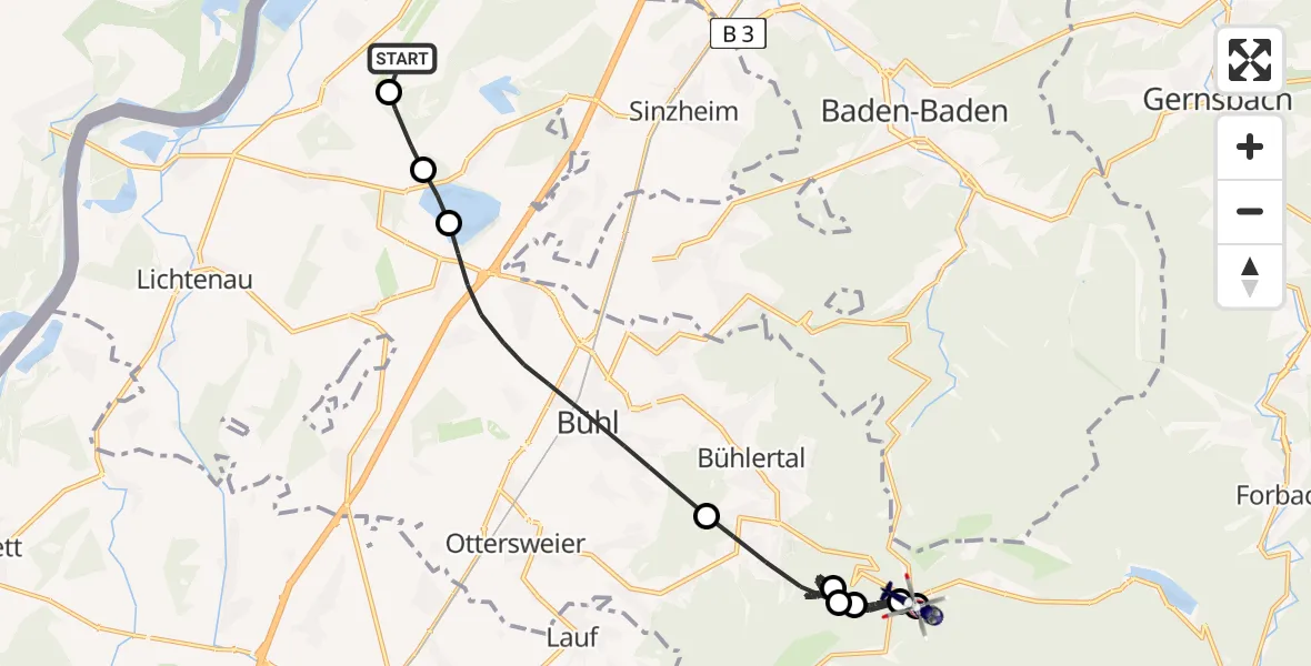 Flugroute Polizeihubschrauber Karlsruhe Baden-Baden Flughafen - Bühl, 26 Juni 2026, 09:48