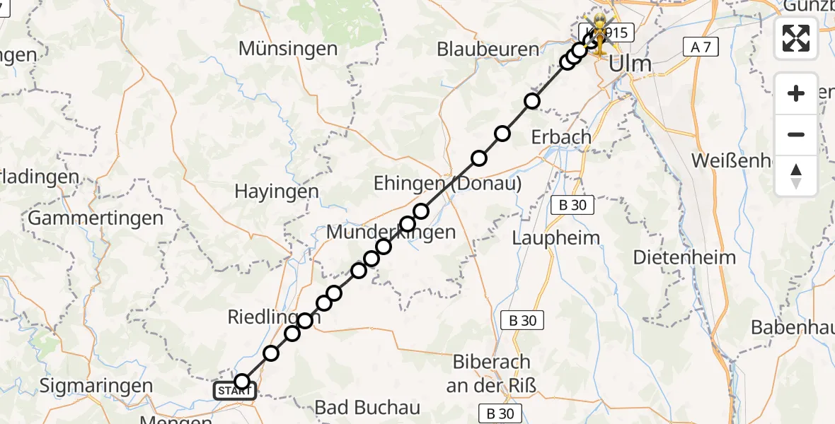 Flugroute Rettungshubschrauber Herbertingen - Ulm Military Hospital Emergency, 26 Juni 2026, 09:48