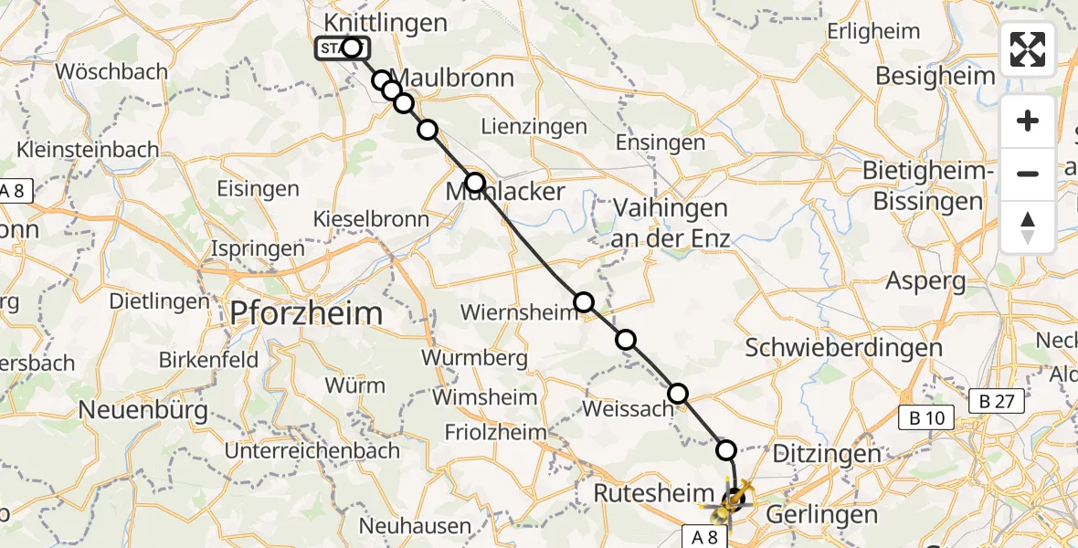 Flugroute Rettungshubschrauber Bretten - Leonberg Hospital, 26 Juni 2026, 09:55
