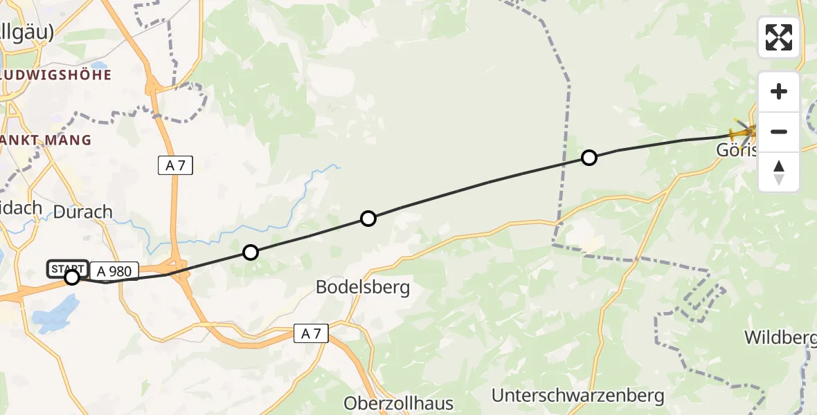 Flugroute Rettungshubschrauber Durach - Görisried, 26 Juni 2026, 10:00