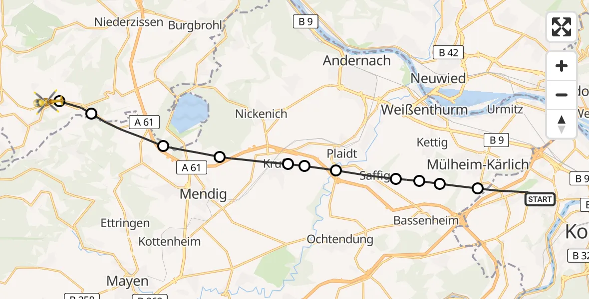Flugroute Rettungshubschrauber Koblenz - Weibern, 26 Juni 2026, 10:00