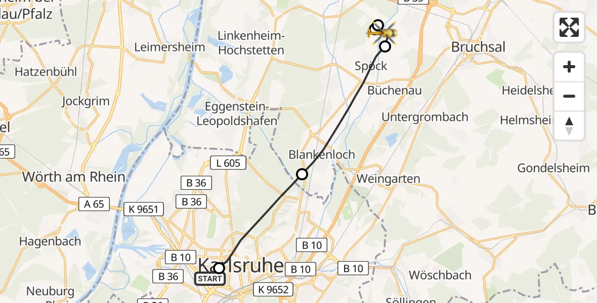 Flugroute Ambulanzhubschrauber Sankt Vincentius Hospital - Karlsdorf-Neuthard, 26 Juni 2026, 10:17