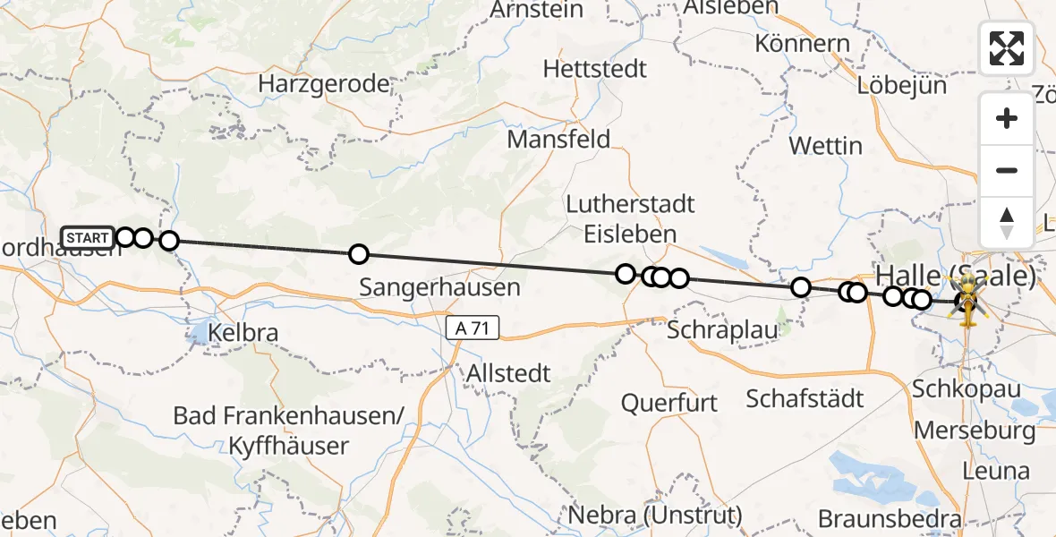 Flugroute Ambulanzhubschrauber Nordhausen - BG Hospital Bergmannstrost Halle, 26 Juni 2026, 10:19