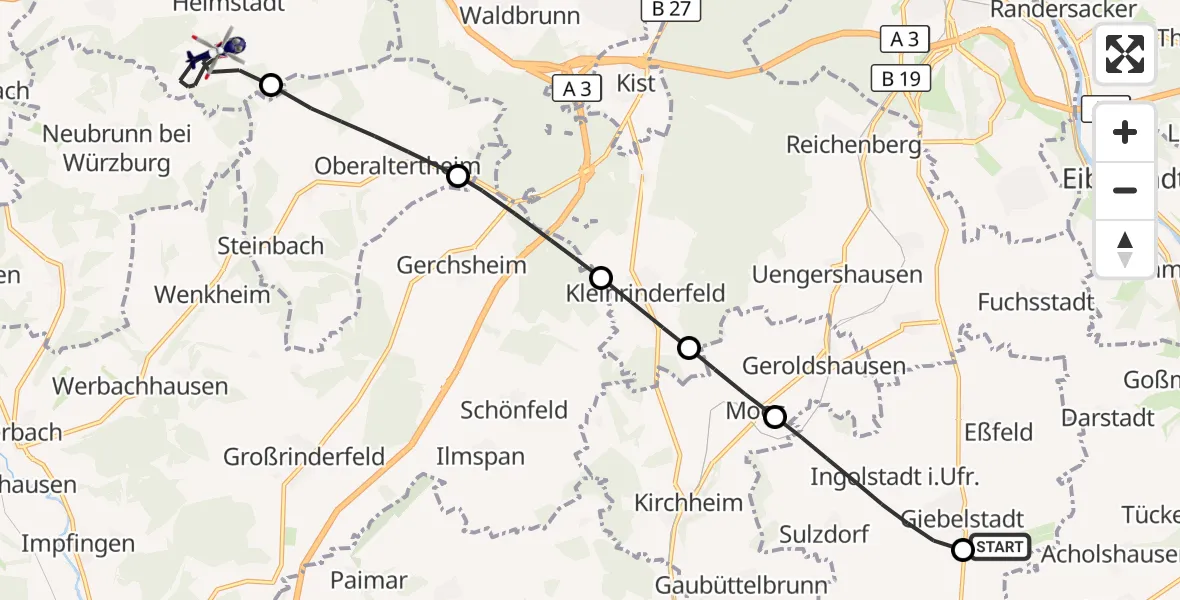 Flugroute Polizeihubschrauber Giebelstadt Flughafen - Helmstadt, 26 Juni 2026, 10:19