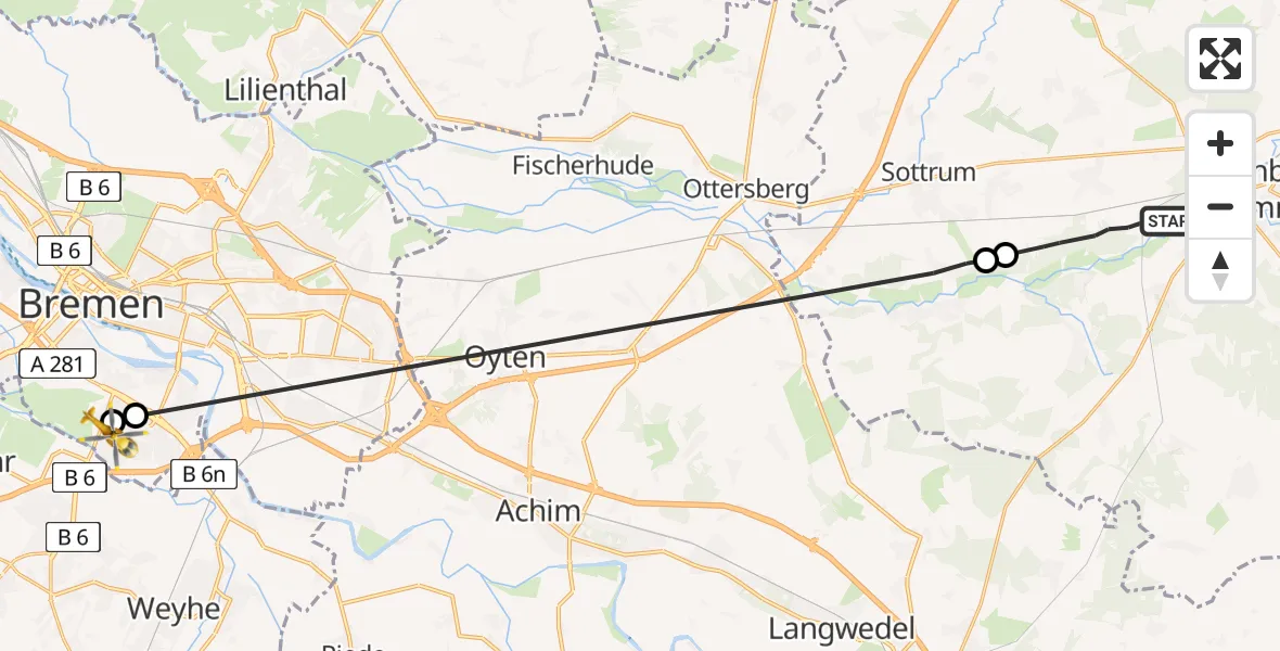 Flugroute Rettungshubschrauber Rotenburg (Wümme) - ADAC Air Rescue Station Bremen Hubschrauberlandeplatz (Christoph 6), 26 Juni 2026, 10:24