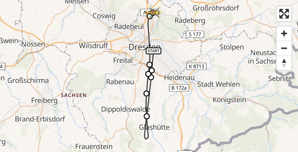 Flugroute Rettungshubschrauber Dresden - Dresden Bundespolizei Hubschrauberlandeplatz, 26 Juni 2026, 10:34