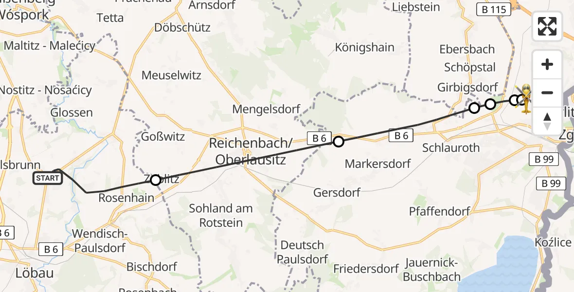 Flugroute Rettungshubschrauber Löbau - Görlitz Hospital, 26 Juni 2026, 10:40
