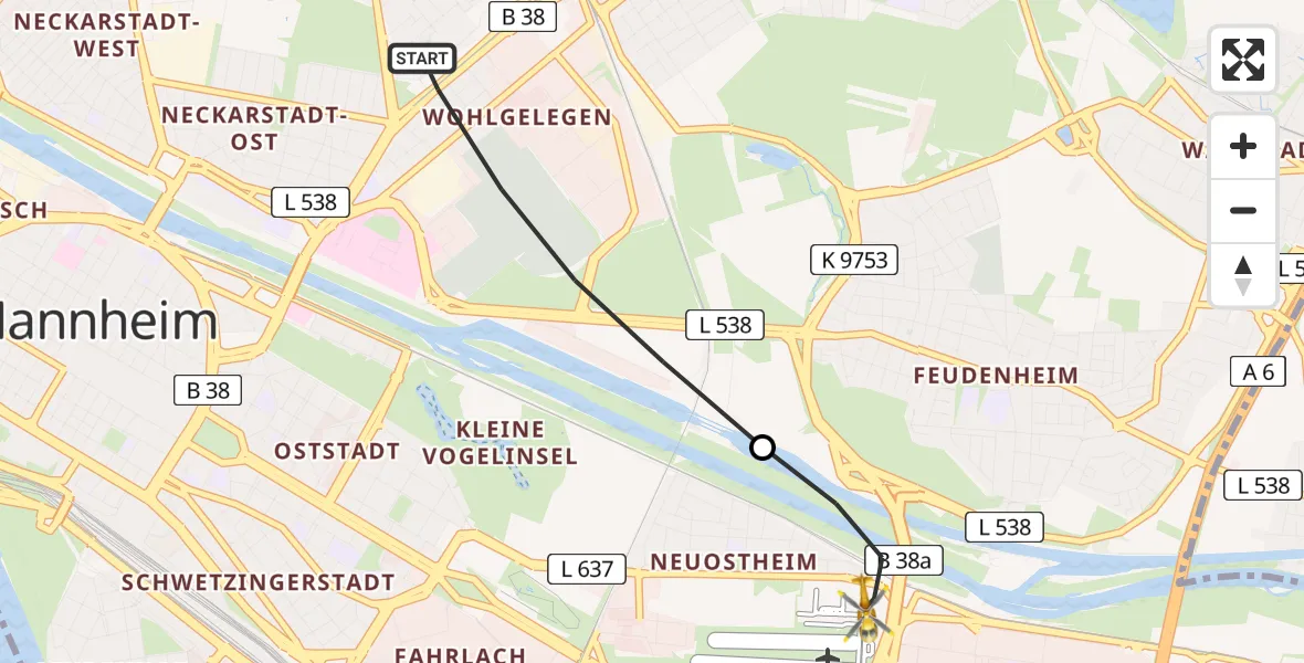 Flugroute Rettungshubschrauber Mannheim - Mannheim-City Flughafen, 26 Juni 2026, 10:42