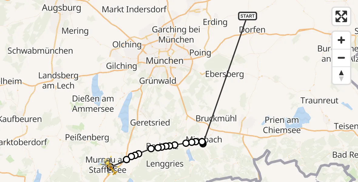 Flugroute Rettungshubschrauber Taufkirchen (Vils) - Murnau a.Staffelsee, 26 Juni 2026, 10:44