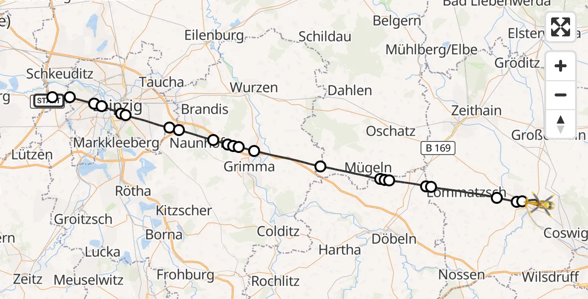 Flugroute Rettungshubschrauber ADAC Air Rescue Station Leipzig/Schkeuditz-Dölzig Hubschrauberlandeplatz (Christoph 61) - Meißen, 26 Juni 2026, 10:50