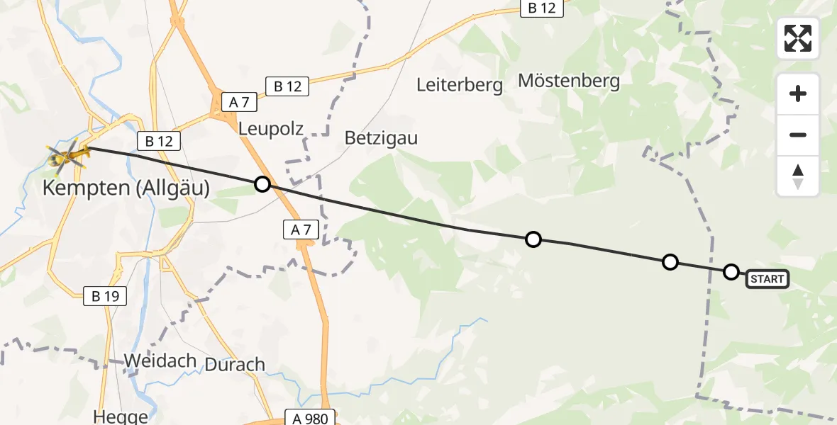 Flugroute Rettungshubschrauber Görisried - Kempten (Allgäu), 26 Juni 2026, 10:51