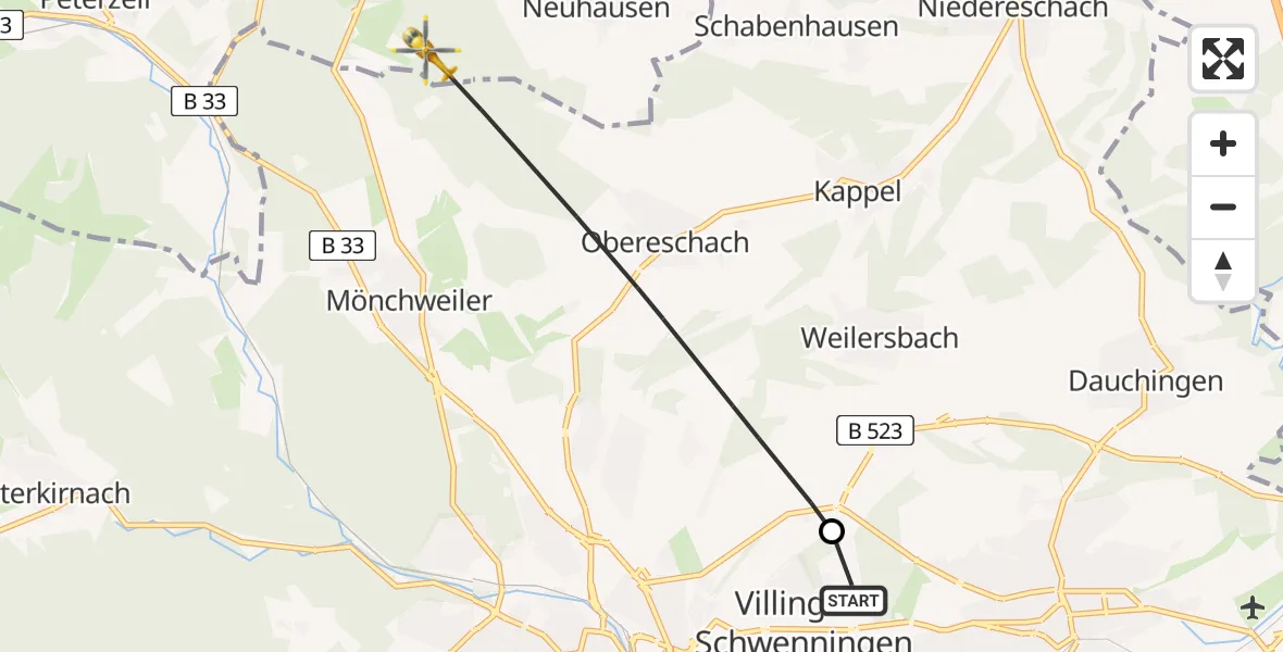 Flugroute Ambulanzhubschrauber DRF Air Rescue Station Villingen-Schwenningen Hubschrauberlandeplatz (Christoph 11) - Königsfeld im Schwarzwald, 26 Juni 2026, 10:52