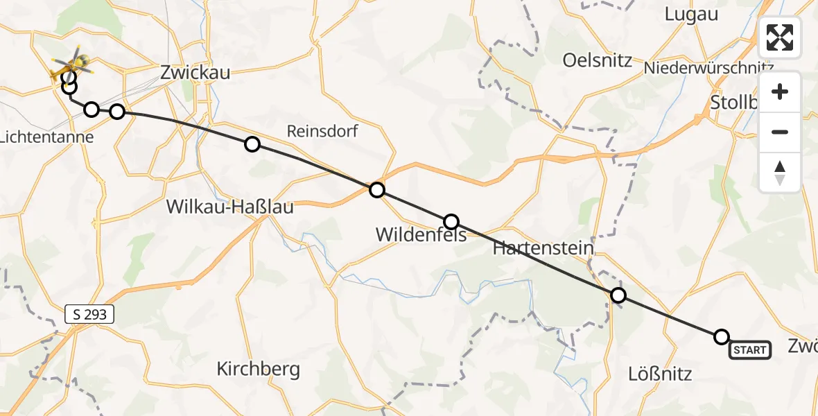 Flugroute Rettungshubschrauber Zwönitz - ADAC Air Rescue Station Zwickau Hubschrauberlandeplatz, 26 Juni 2026, 10:54