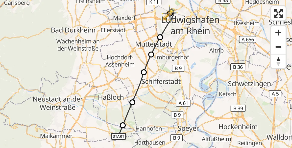 Flugroute Rettungshubschrauber Neustadt an der Weinstraße - Ludwigshafen Accident Hospital, 26 Juni 2026, 10:55