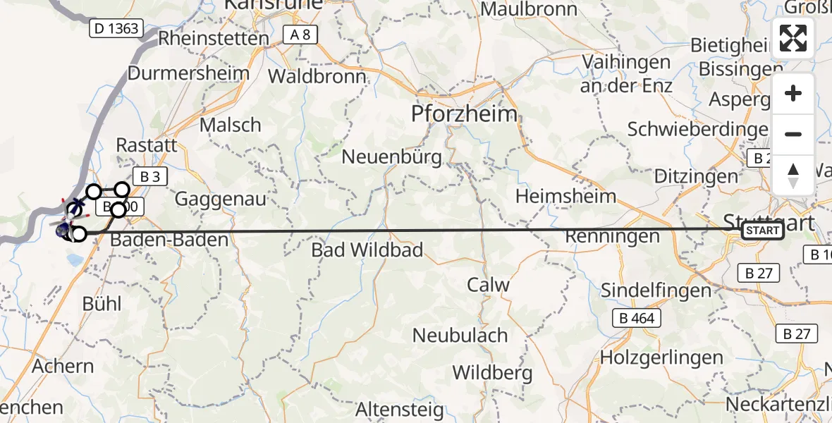 Flugroute Polizeihubschrauber Stuttgart - Karlsruhe Baden-Baden Flughafen, 26 Juni 2026, 11:06