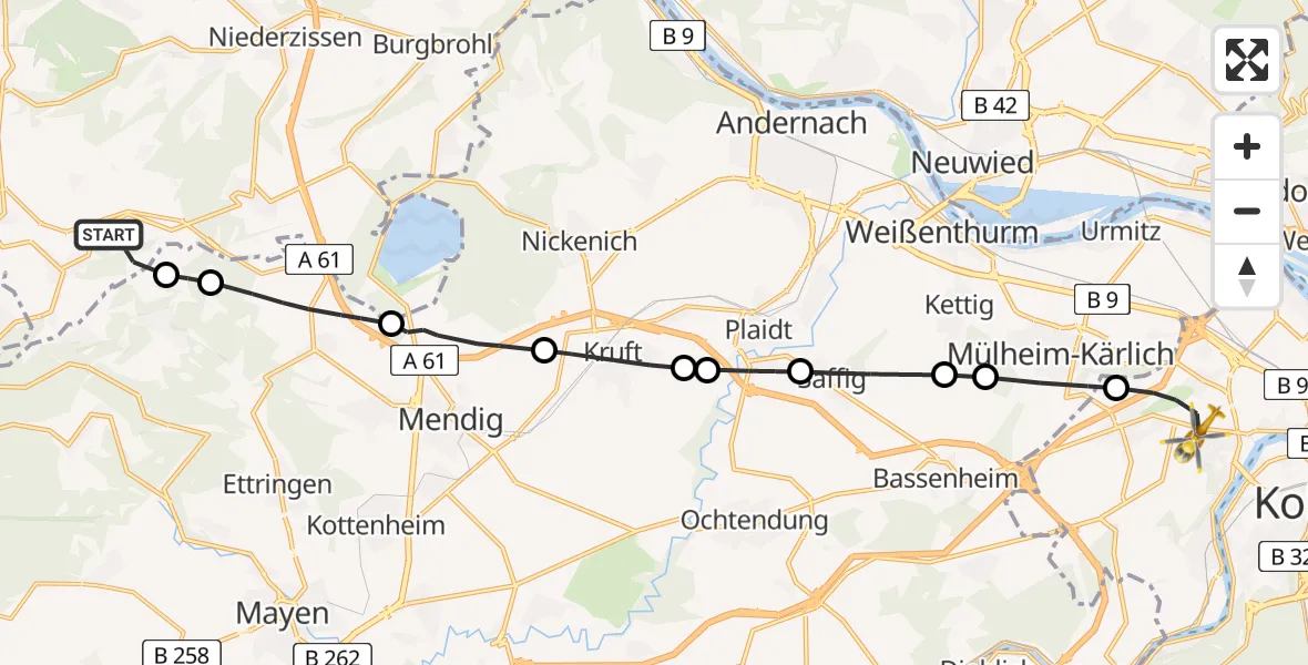 Flugroute Rettungshubschrauber Weibern - Koblenz, 26 Juni 2026, 11:08