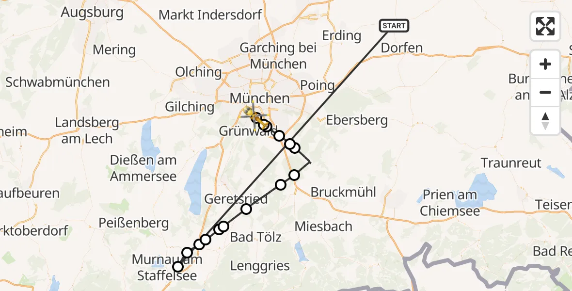 Flugroute Rettungshubschrauber Taufkirchen (Vils) - ADAC Air Rescue Center Hubschrauberlandeplatz (Christoph 1), 26 Juni 2026, 11:13