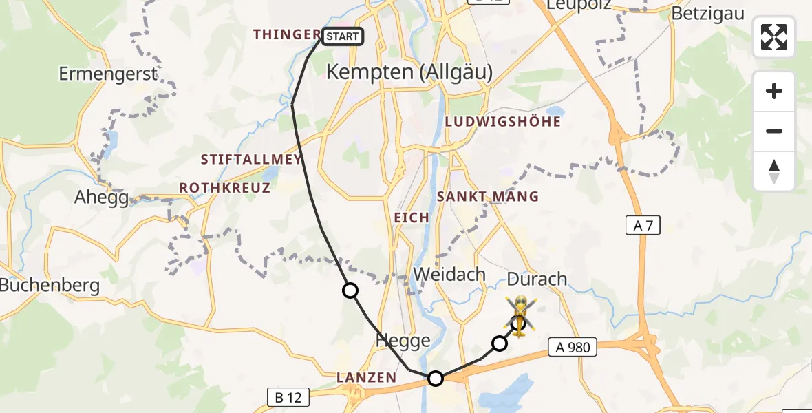 Flugroute Rettungshubschrauber Kempten (Allgäu) - Kempten-Durach Flugplatz, 26 Juni 2026, 11:23