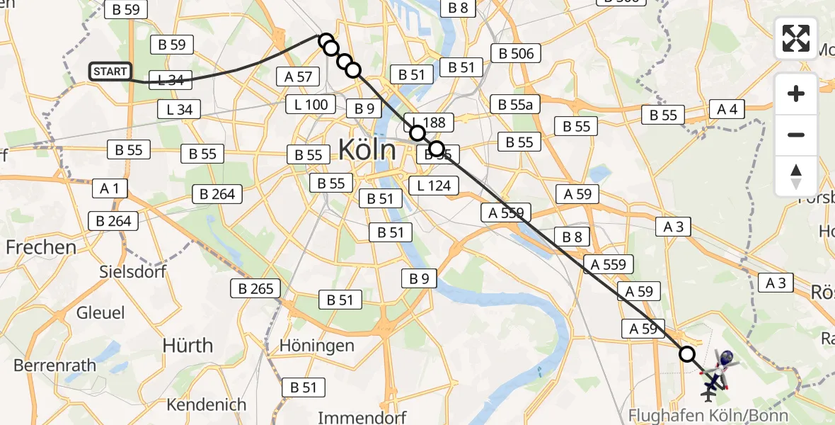 Flugroute Polizeihubschrauber Köln - Köln Bonn Flughafen, 26 Juni 2026, 11:24