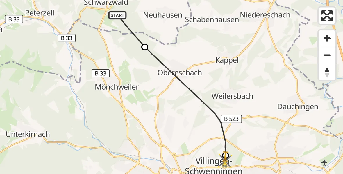 Flugroute Ambulanzhubschrauber Königsfeld im Schwarzwald - DRF Air Rescue Station Villingen-Schwenningen Hubschrauberlandeplatz (Christoph 11), 26 Juni 2026, 11:28